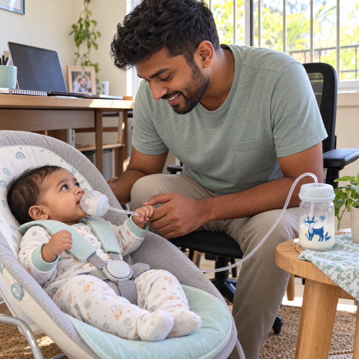 A parent sitting with their baby during a hands-free feed